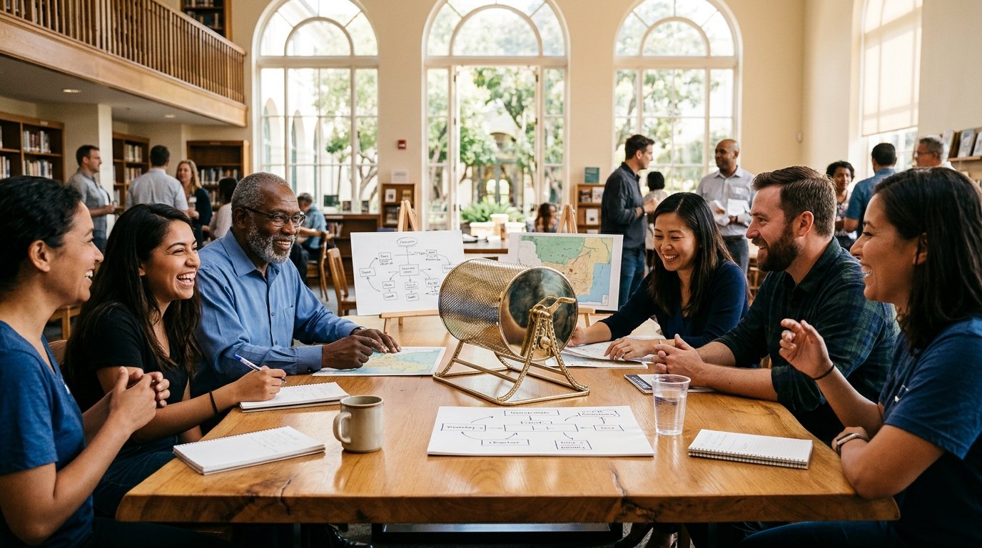 Local community workshop in California with ballot lottery drum and civic roadmap