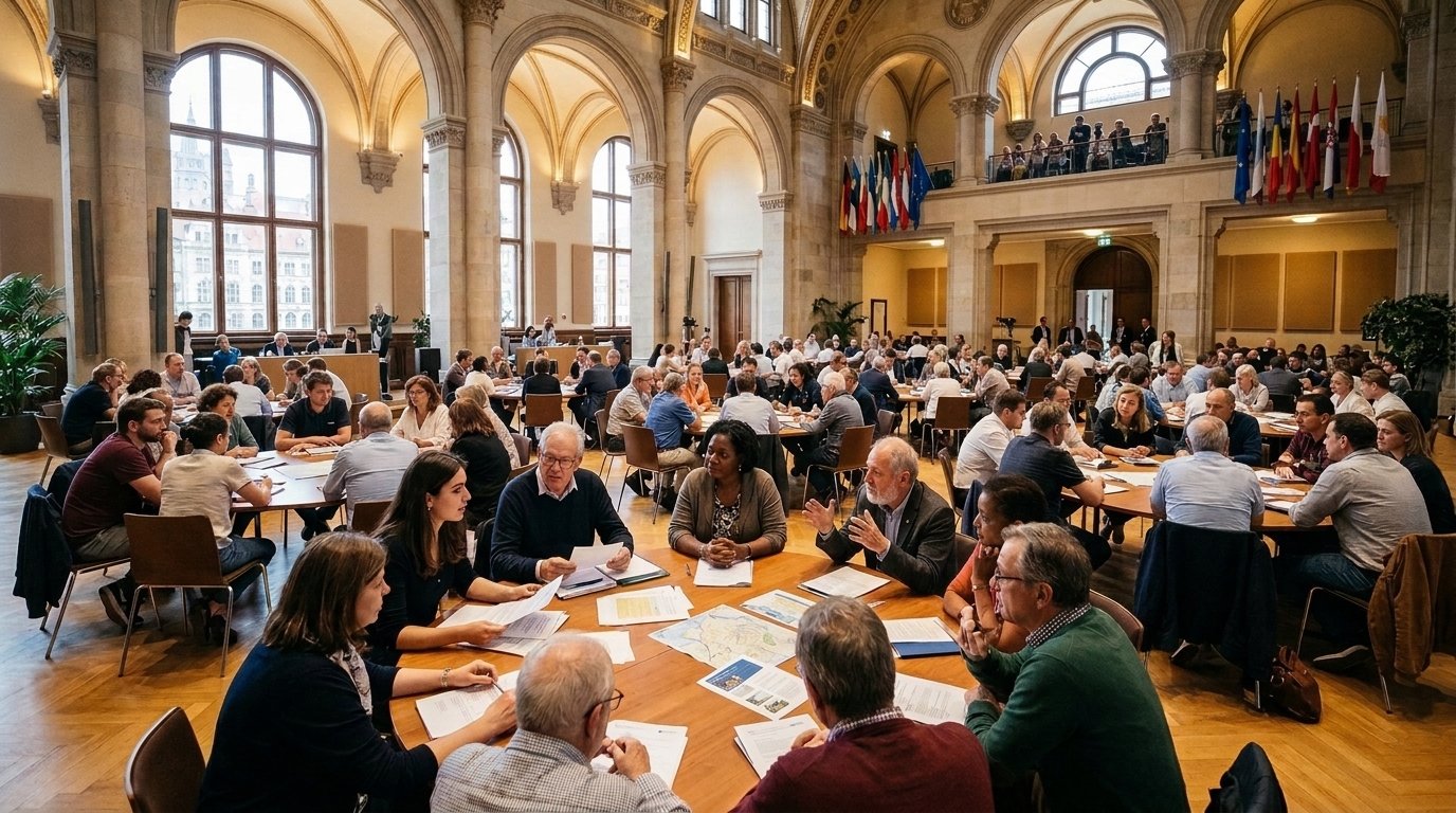 European Citizens Assembly hall with everyday citizens deliberating at circular tables