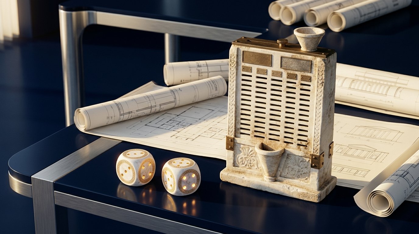 Golden dice and classical Athenian kleroterion allotment machine with civic blueprints